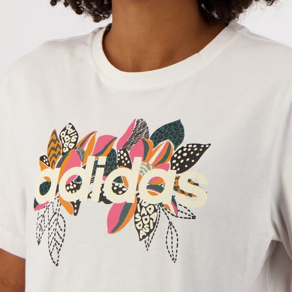 Adidas x Farm Rio Floral Logo Cropped White T Shirt Size Large - Picture 3 of 9